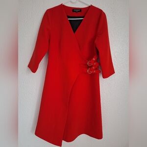 NAHAN Red Asymmetrical Wrap Dress with Embellishments
